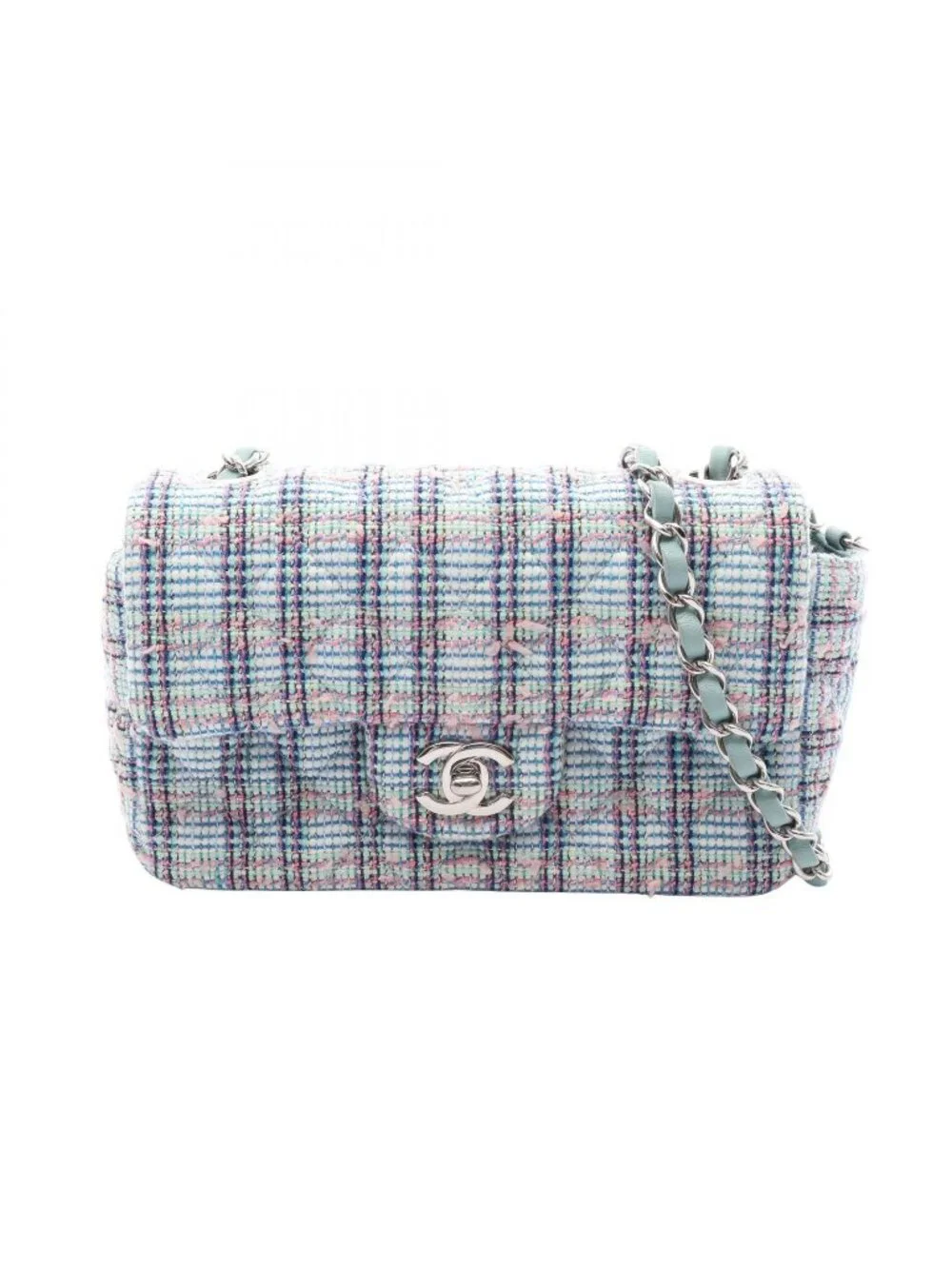 Chanel Shoulder Bag Mini Quilted 20 Mint Green Blue Fabric Chain